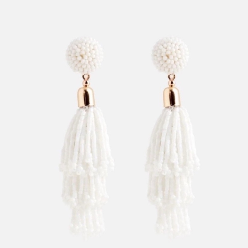 PANACEA Earrings Beaded Tassel I White I Metallic Gold Accents I Post Backings - Picture 4 of 11
